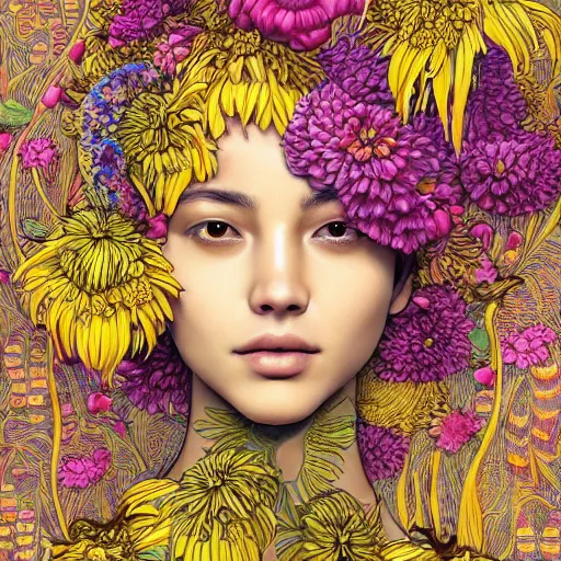 Prompt: the head of a beautiful woman partially made of bananas and chrysanthemums looking up, an ultrafine detailed illustration by james jean, final fantasy, intricate linework, bright colors, behance contest winner, vanitas, angular, altermodern, unreal engine 5 highly rendered, global illumination, radiant light, detailed and intricate environment