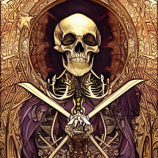 Prompt: skeleton with sickle, highly detailed, very intricate, art nouveau, gold filigree, award winning, tarot concept art watercolor illustration by mandy jurgens and alphonse mucha and alena aenami, featured on artstation