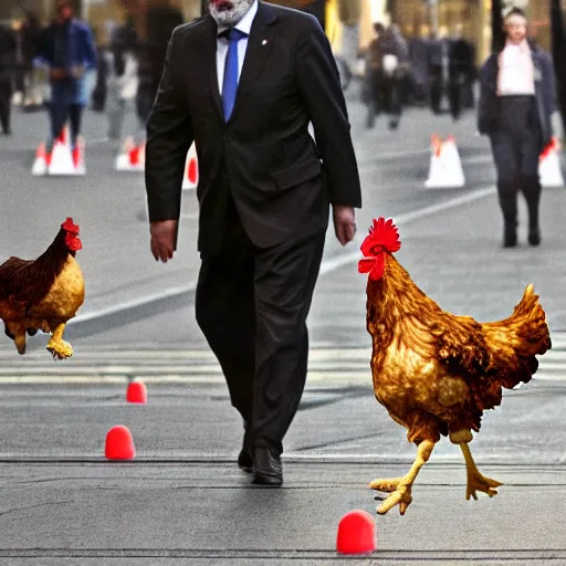 Image similar to corrupt politician laughigh m. rajoy hybrid with the body of a chiken running in the middle of the city, deseperated, high quality photo, ultrarrealistic, award winning photography, hyperrealistic