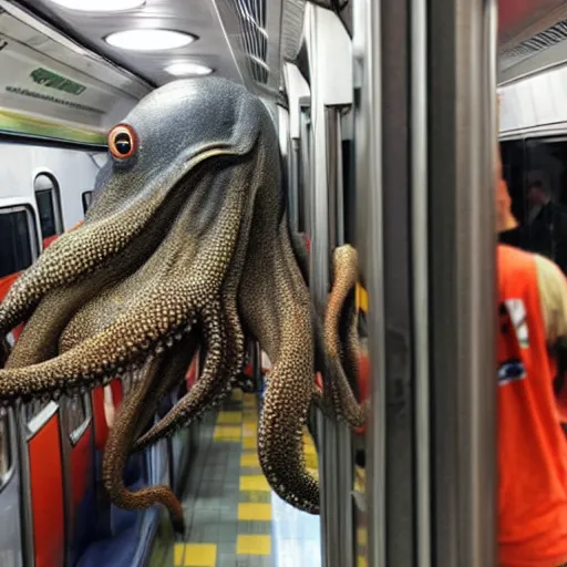 Image similar to of a giant octopus invading a interior of a subway train in new york,