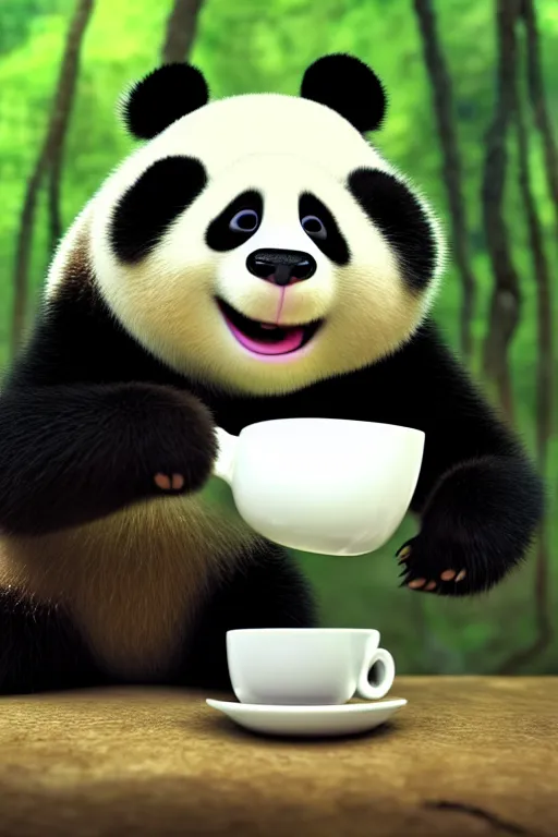 Image similar to a cute panda with big eyes looking at a cup of coffee in the forest. Pixar Disney 4K 3d render funny animation movie Oscar winning trending on ArtStation and Behance. Ratatouille style.
