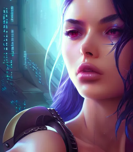 Prompt: beautiful portrait of a cyberpunk goddess who looks like Demi Rose , character design by charlie bowater, ross tran, artgerm, and makoto shinkai, detailed, soft lighting, rendered in octane