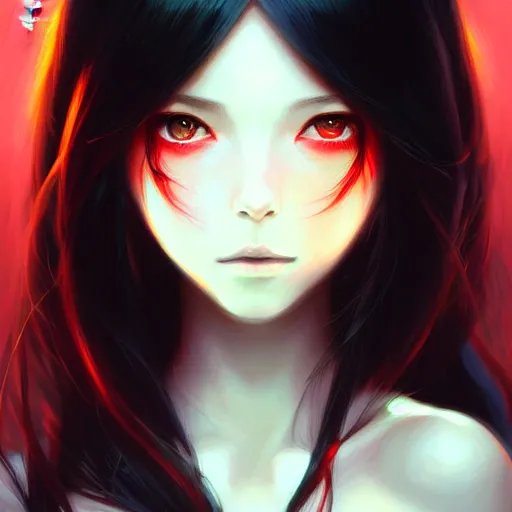 Image similar to a beautiful girl with long black hair and red eyes, fantasy, sharp focus, intricate, elegant, digital painting, artstation, matte, highly detailed, ambient lighting, portrait by Studio Ghibli, Rossdraws, artgerm, Ilya Kuvshinov, and Greg Rutkowski