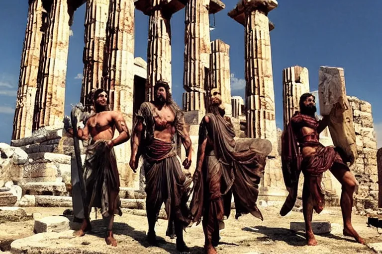 Image similar to horrible giant demons outside ancient greek temple. bollywood fantasy action movie still.