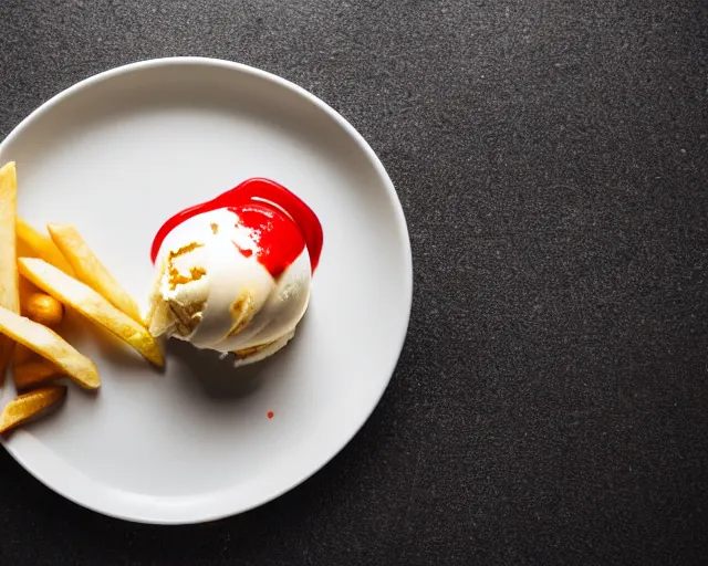 Prompt: dslr food photograph of vanilla ice cream with ketchup on, a leaf of oregano on the ice cream, french fries on the side, a bottle of ketchup, bokeh, 8 5 mm f 1. 4