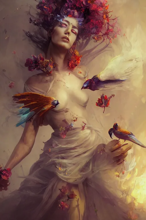 Image similar to beautiful girl necromancer, witch - doctor exploding into flowers, angels, 3 d render, hyper - realistic detailed portrait, holding electricity and birds, ruan jia, wlop. scifi, fantasy, hyper detailed, octane render, concept art, peter mohrbacher