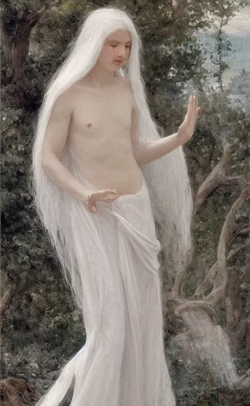 Image similar to say who is this with silver hair so pale and wan! and thin!? female angel in white robes flowing hair fair body, white dress!! of silver hair, covered!!, clothed!! lucien levy - dhurmer, fernand keller, oil on canvas, 1 8 9 6, 4 k resolution, aesthetic, mystery