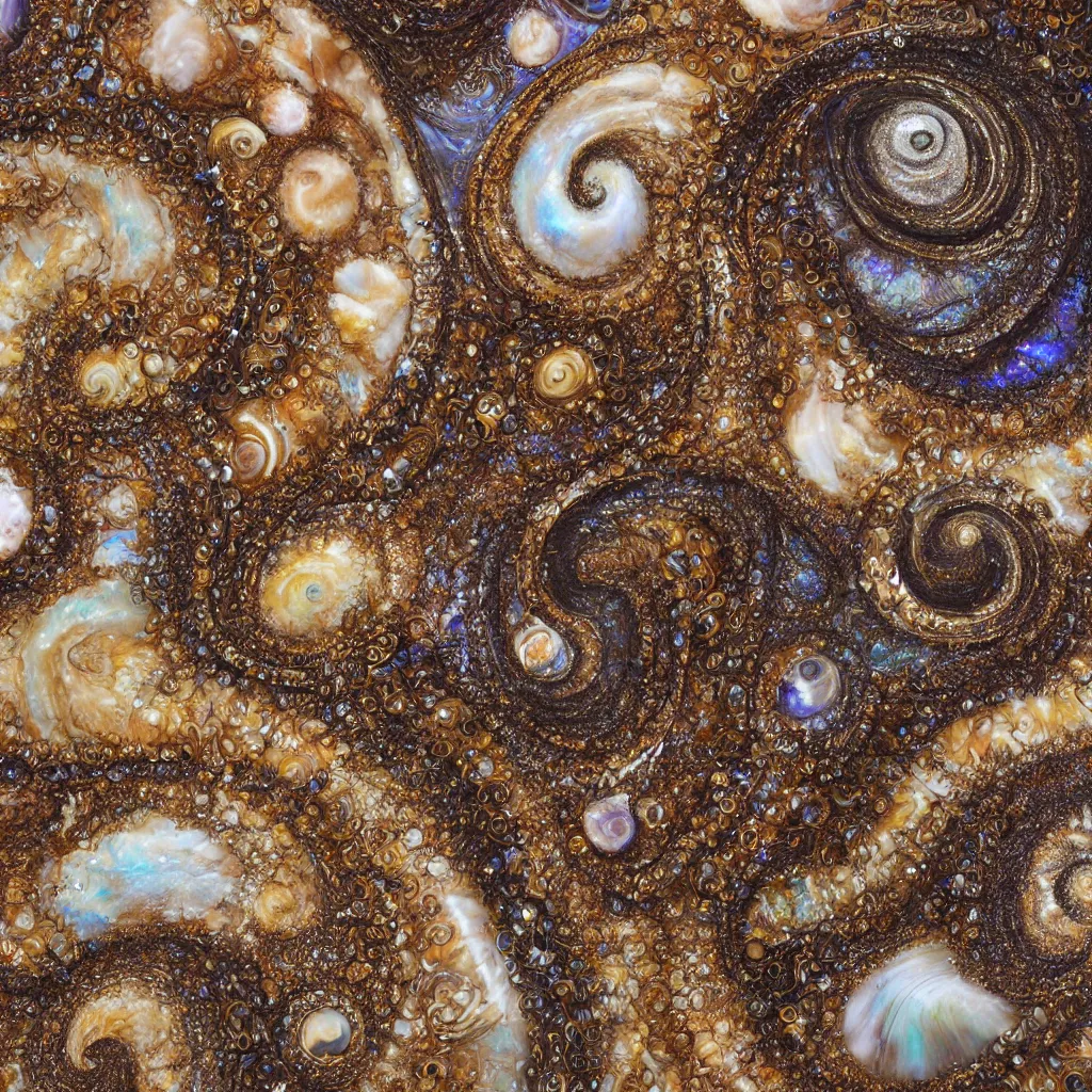 Image similar to fractured galaxy spiral seashells, cyclone seahorse ivory sculpture, detailed fractal patterns, macrophotography, ochre and umber powders, encrusted with dark opals and gold, hyper realistic intricate and complex, fine art photography, trending