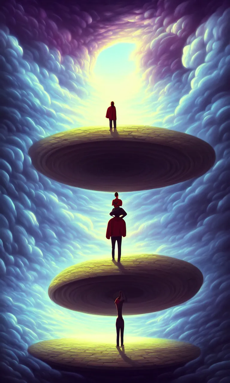 Image similar to a person standing in front of a large circular object, an album cover by cyril rolando, deviantart, magic realism, photoillustration, apocalypse art, matte drawing