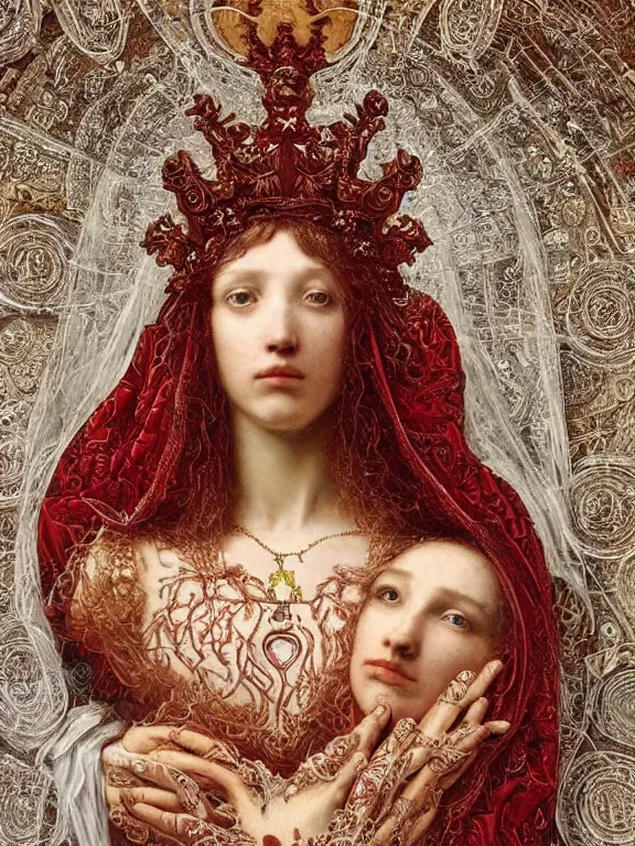 Image similar to a beautiful render of a baroque catholic veiled red queen with symmetry intricate detailed heart sculpture,pieta.by Lawrence Alma-Tadema, peter gric,aaron horkey,Billelis,trending on pinterest,hyperreal,jewelry,gold,intricate,maximalist,glittering,golden ratio,cinematic lighting