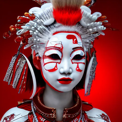 Prompt: albino maiko wearing an armor war paint, award winning photograph, 4 k, red and white neon, concept art, intricate details, highly professionally detailed, cgsociety, highly detailed -