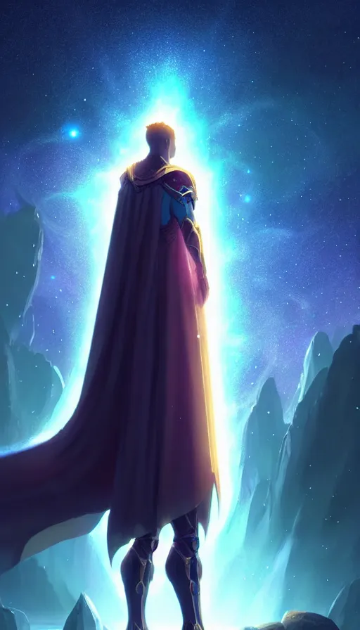 Image similar to celestial god with a cape, epic scene, holy, full body, galaxy, and, stars, atmosphere, unreal engine, pixar, video game, ethereal, insanely, detailed, volumetric, symmetrical, concept art, charlie bowater, tsutomu nihei, unreal engine, artstation, cinematic, video game, digital painting, artist maena