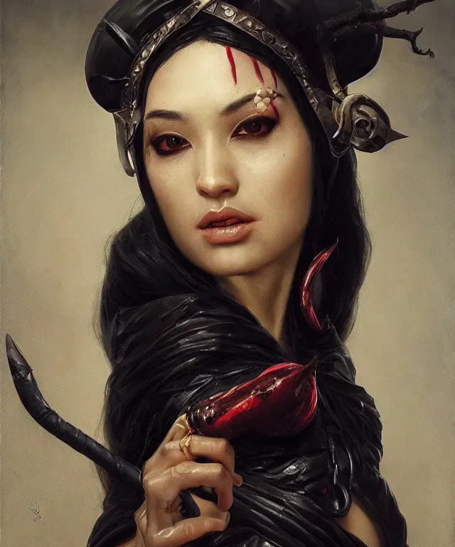 Image similar to the portrait of ( ( ( ( ( akali from league of legends ) ) ) ) ) in black wax crown by roberto ferri, dark fantasy, witcher, very detailed oil painting, masterpiece, 8 k