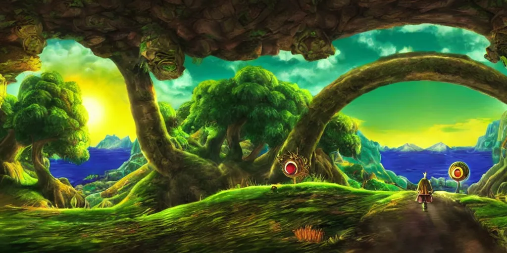 Prompt: beautiful scenery from zelda majora's mask, landscape, n 6 4 graphics, digital art, playstation, videogame