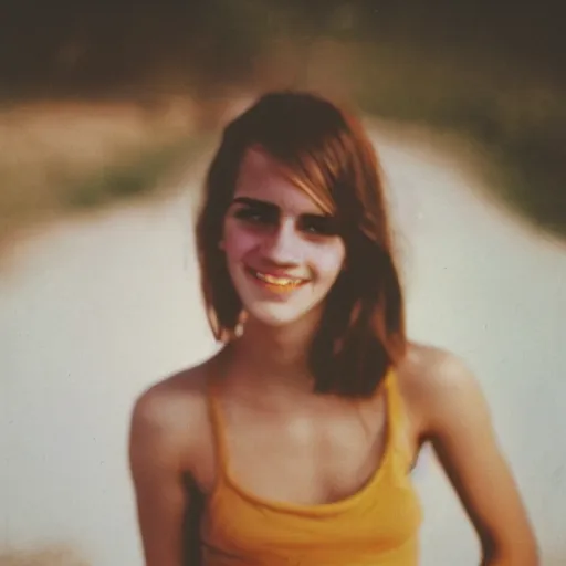 Image similar to portrait close up, emma watson skinny malnourished redneck, smiling, jug of whiskey, 2 6 mm, kodak gold 2 0 0,