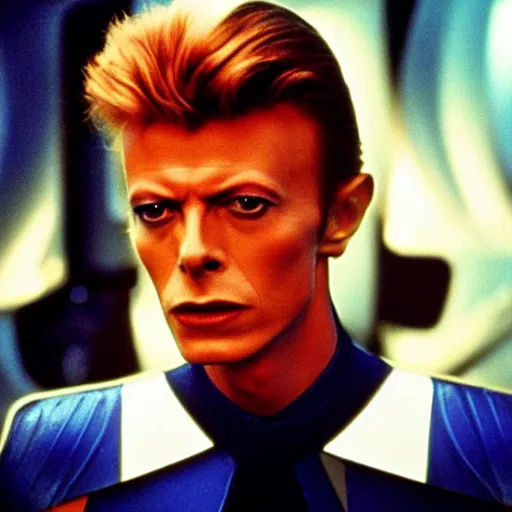 Image similar to A young David Bowie on the bridge of a starship, movie still,colour