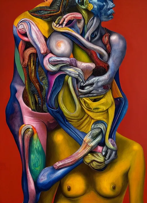 Prompt: a strange, biomorphic painting of two humanoid figures entwined and draped in vibrant coloured silk, in the style of jenny saville, in the style of charlie immer and arcimboldo, highly detailed, dramatic, emotionally evoking, head in focus, volumetric lighting, oil painting, timeless disturbing masterpiece