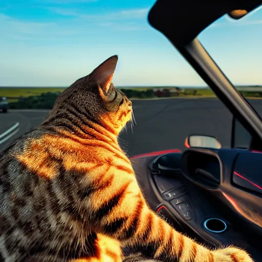 Image similar to cat behind the steering wheel of a cabriolet, seen from above, golden hour, front top side view, golden ratio, idyllic setting