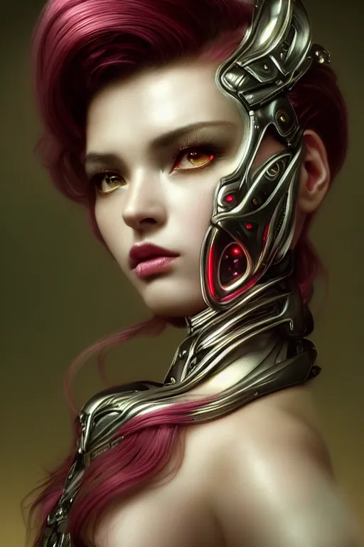 Image similar to ultra detailed, cinematic closeup photo of beautiful, female android deity, sharp focus, no blur, studio photo, model, floodlight. calm, angry, fantasy art, octane render, unreal engine. flowerpunk, noir. photorealistic concept art, triadic color scheme. art by artgerm and wlop and giger and greg rutkowski and alphonse mucha, 8 k