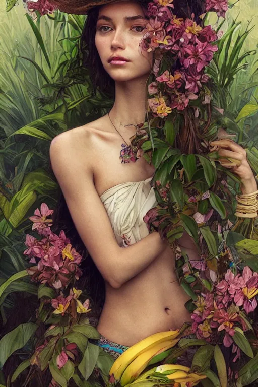 Image similar to ultra realistic illustration, bohemian girl with banana plants and flowers, staring directly into camera, intricate, elegant, highly detailed, digital painting, artstation, concept art, smooth, sharp focus, illustration, art by artgerm and greg rutkowski and alphonse mucha