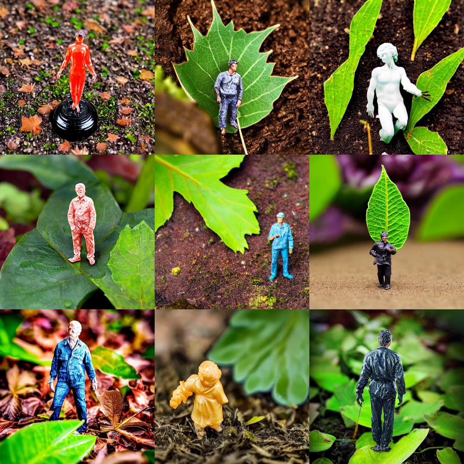 Prompt: Realistic painted 10mm resin figure of a man, standing under a leaf in the garden, macro photography