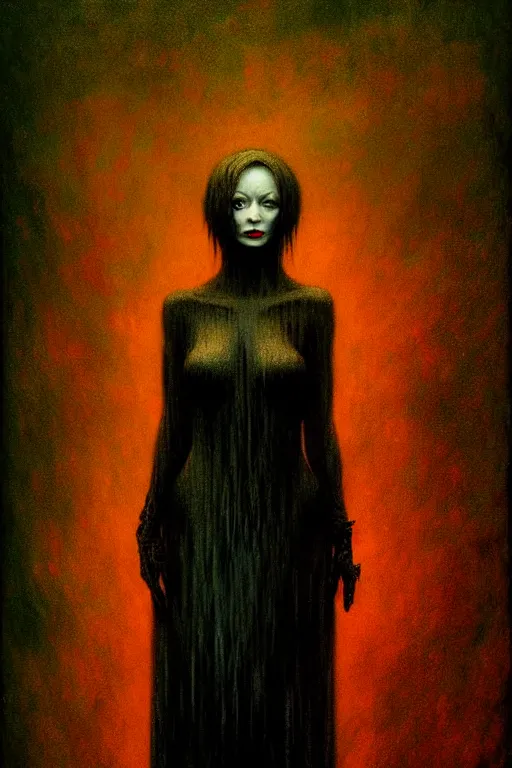 Image similar to full body portrait of christina hendricks, by zdzislaw beksinski, gothic, surrealism, cosmic horror, lovecraftian, cold hue's, warm tone gradient background, concept art, beautiful composition