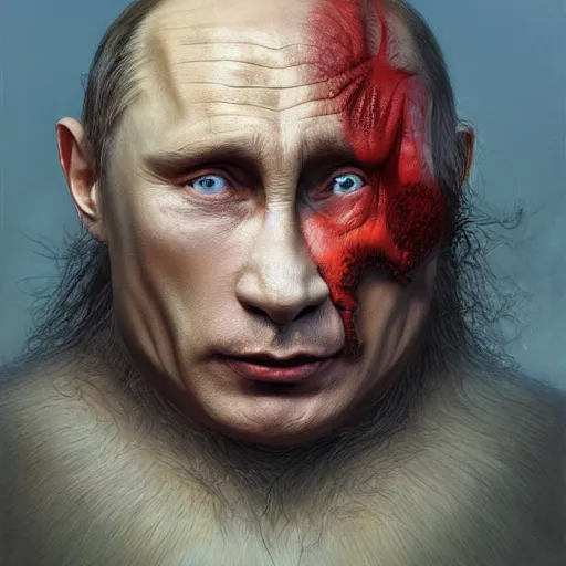 Image similar to vladimir putin, putin is bald caveman, awe face, toothless, saw teeth, reptile eyes, peeling skin, horror macabre face, clown nose, by donato giancola and greg rutkowski and wayne barlow and zdzisław beksinski, realistic face, digital art