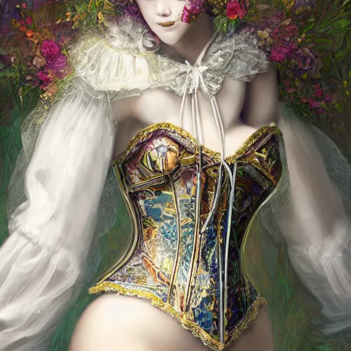 Image similar to A masterpiece ultrarealistic ultradetailed portrait of a Incredibly beautiful angel armored princess knight IN INCREDIBLE ceramic GAS MASK WITH FLOWERS and swarovski crystals. baroque renaissance. in the forest. White amazing corset. medium shot, intricate, elegant, highly detailed. trending on artstation, digital art, by Stanley Artgerm Lau, WLOP, Rossdraws, James Jean, Andrei Riabovitchev, Marc Simonetti, Yoshitaka Amano. background by James Jean and Gustav Klimt, light by Julie Bell, 4k, porcelain skin. BY ZDIZISLAW BEKSINSKI Cinematic concept art