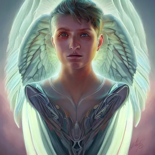 Image similar to portrait of a seraphim angel from a neo solar punk future future metaverse cyborg tech techno angelic warrior by Mandy Jurgens, cartoon, oil painting , visionary art, symmetric, Heavenly symbols, holy halo, astral patterns, sci-fi