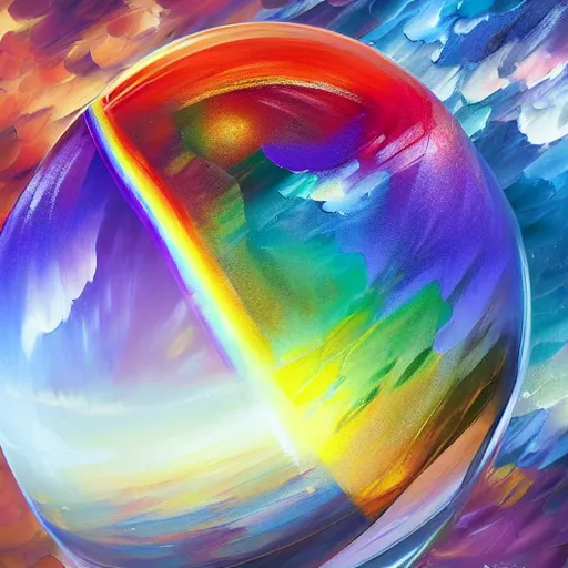 Prompt: long shot of a huge rainbow glass ball, concept art, by leonid afremov, by ivan aivazowsky, intricate, volumetric light, smooth, depth perception, 4 k, unreal engine 5, ultradetailed, hyperrealistic, artstation