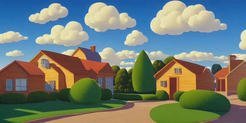 Image similar to the simpsons house clouds, blue sky, summer evening, kenton nelson