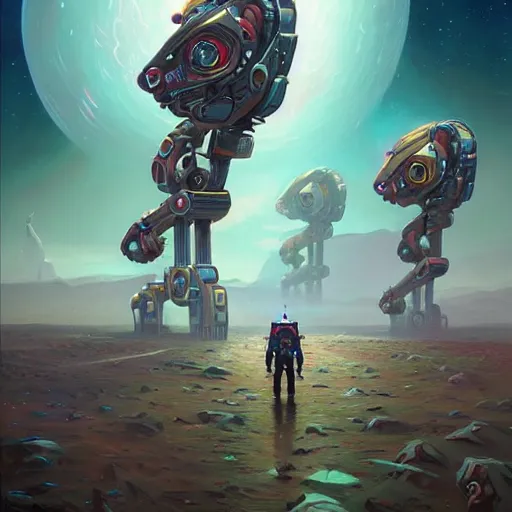 Prompt: no man's sky robot sentinels colorful, fantasy, intricate, highly detailed, digital painting, hq, trending on artstation, illustration, style of stanley artgerm and greg rutkowski and dan mumford