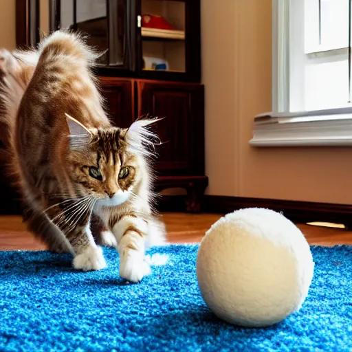 Prompt: cream color maine coon cat chasing a cat-toy-ball in a sunlit bedroom, hardwood floors with a colorful tattered old throw rug, bay window sofa in the background, fun, energetic, amusing, cute, funny, by Jeff Easley