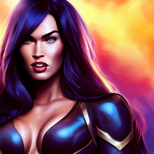 Image similar to Megan Fox as Thanos, digital art, artstation, trending