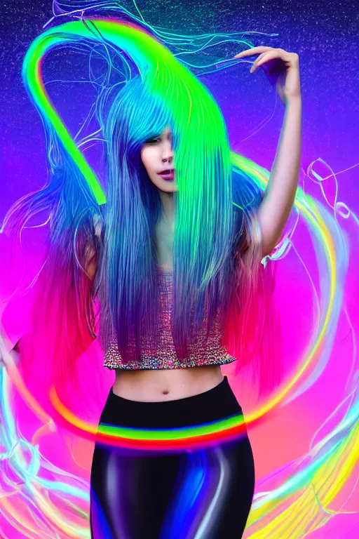 Prompt: a award winning half body portrait of a beautiful woman with stunning eyes in a croptop and leggings with rainbow colored ombre hairstyle head in motion and hair flying while dancing by thomas danthony, surrounded by whirling illuminated lines, outrun, vaporware, shaded flat illustration, digital art, trending on artstation, highly detailed, fine detail, intricate