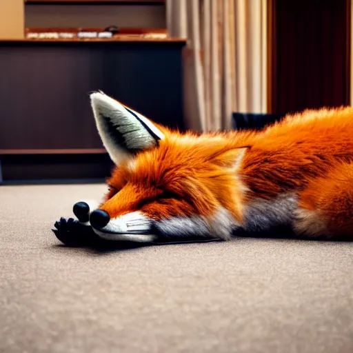 Image similar to a fox fursuit laying on the floor in a fancy hotel lobby, studio lighting Canon f/1.8 aperture cinematic 32mm lens