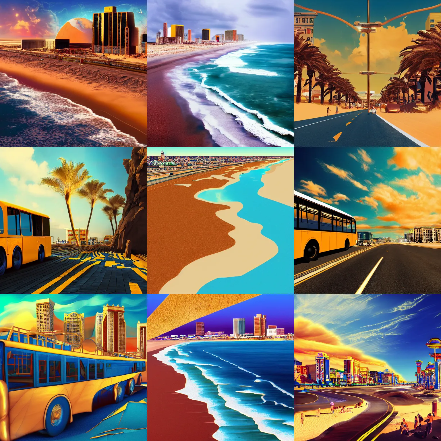 Prompt: atlantic city, gold sand, coast city bus, rumble on the promenade, dramatic surreal digital art trending on artstation,