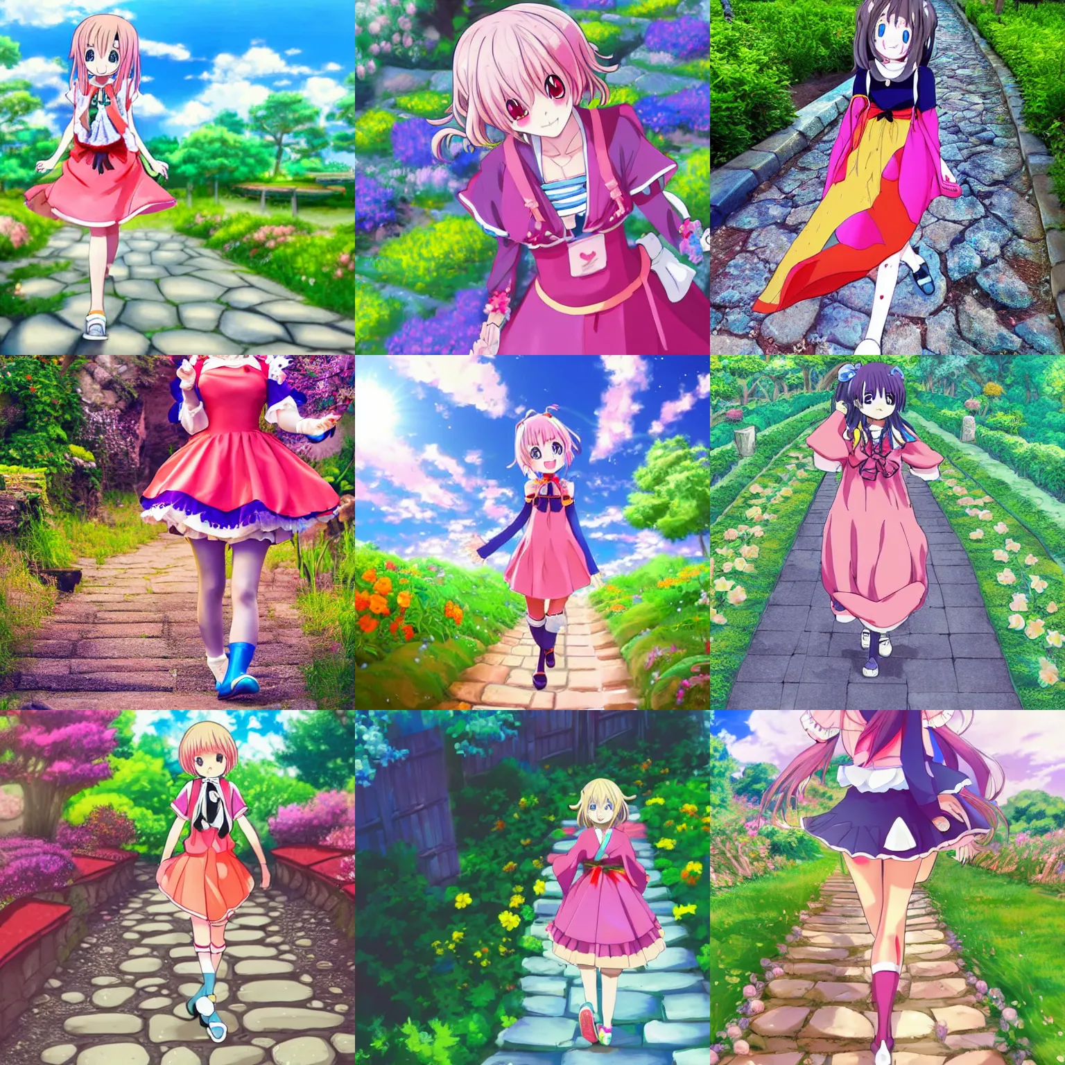 Prompt: a very cute art of a smiling anime girl idol wearing a colorful dress, walking on a stone path at the garden, walking over a skeleton, in the style of anime
