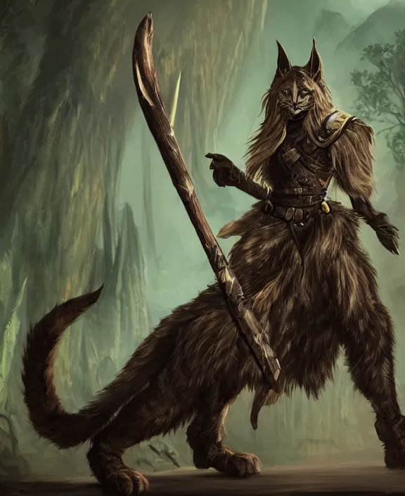 Prompt: humanoid male khajiit rogue with a scar on left eye, wearing leather armor with a hood, mainecoon cat features with jet black fur, far - mid shot, magic the gathering, fantasy