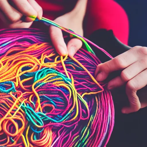 Image similar to photo of person eating a plate of colorful yarn like spaghetti