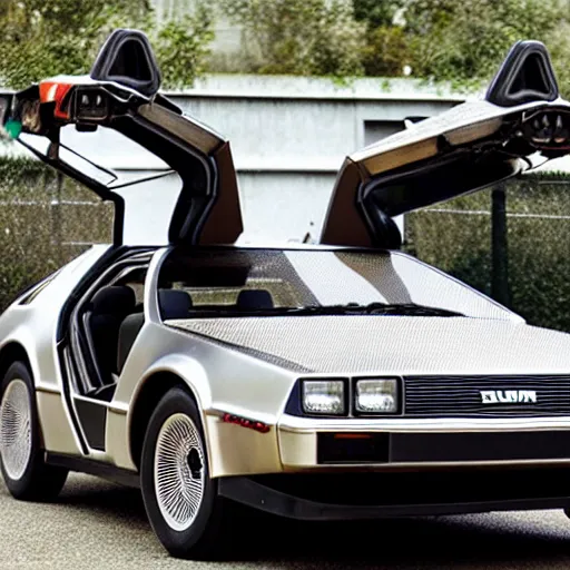 Image similar to a delorean with tiger skin viynl rap,