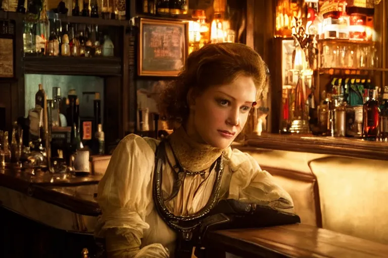 Prompt: cinematography of a beautiful cyborg woman in a vintage western bar alone asking for a drink by Neil Blomkamp