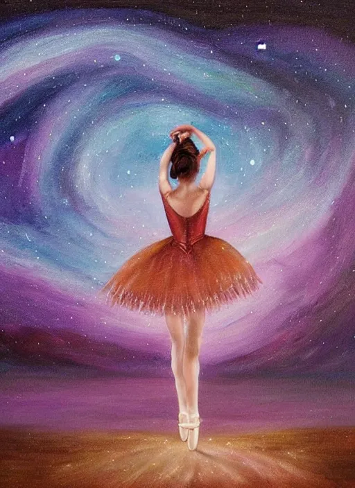 Image similar to ballerina in a dress looking at a starry sky, galaxy, beautiful, painting, highly detailed, soft light