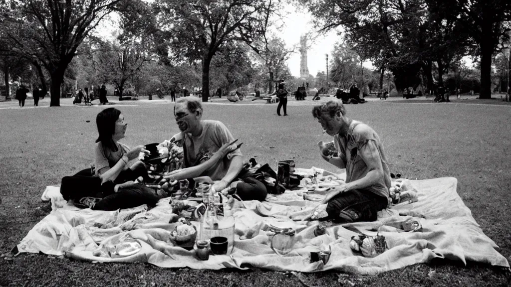 Prompt: climate change catastrophe, as seen by a couple having picnic in the park, 35mm