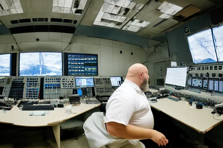 Image similar to heavyset bald man wearing a white shortsleeved shirt and blue jeans working in a nuclear silo control room by Emmanuel Lubezki