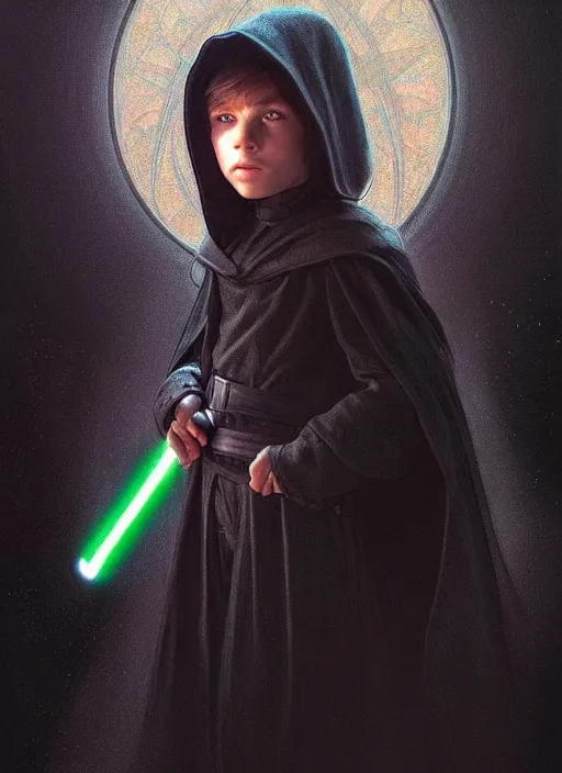 Image similar to perfectly - centered - portrait of a kid wearing black cloak holding light saber, intricate, highly detailed, digital painting, artstation, concept art, smooth, sharp focus, illustration, unreal engine 5, 8 k, art by artgerm and greg rutkowski and alphonse mucha and sam spratt