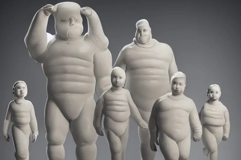 Image similar to alabaster sculpture of the Bibendum family portrait model illuminated from behind, Michelin Man family portrait, luminescence scattered light, sculpture, photograph, studio lighting, product photography, while marble, figurine, cryengine,