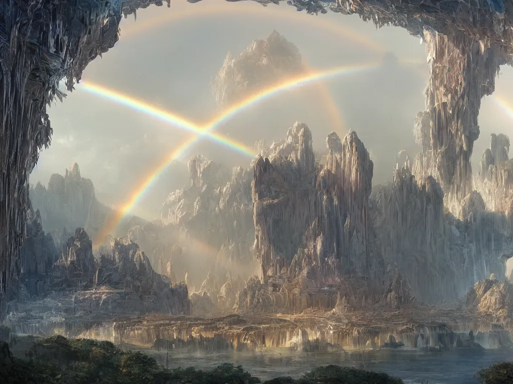 Prompt: giant crystal palace complex on an alien planet, rainbows, vivid color, highly detailed, intricate, by Raphael Lacoste, Eddie Mendoza, Alex Ross, Pilar Gogar, matte painting, 8K HDR
