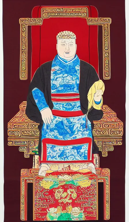 Prompt: Bobby Hill sits on his throne as emperor of Hill Dynasty China, ink and color on silk, imperial portrait