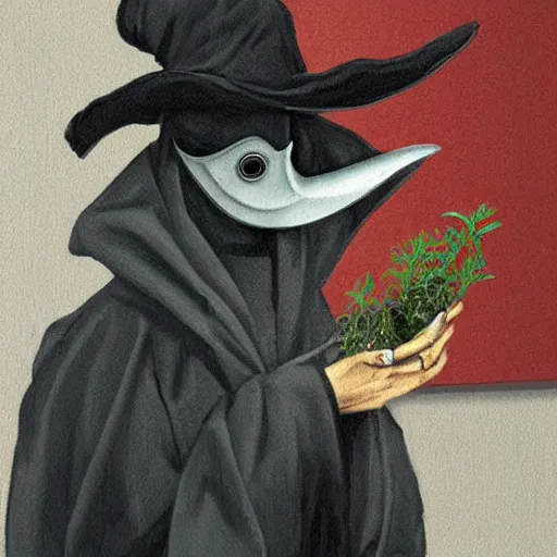 Prompt: mysterious plague doctor holding herbs while looking at a patient, modern art, ultra realistic picture, ultra detailed, award winning, 8 k